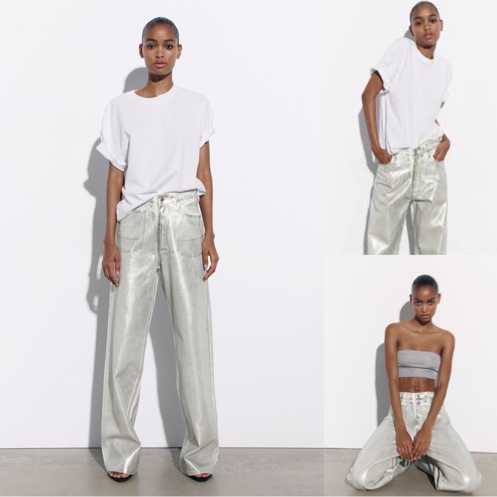 Nwt Zara Mid-Rise Wide Leg Loose Fit Metallic Denim Jeans
